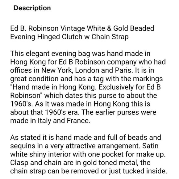 Ed B. Robinson Vintage White & Gold Beaded Evening Hinged Clutch w Chain Strap - Picture 9 of 10